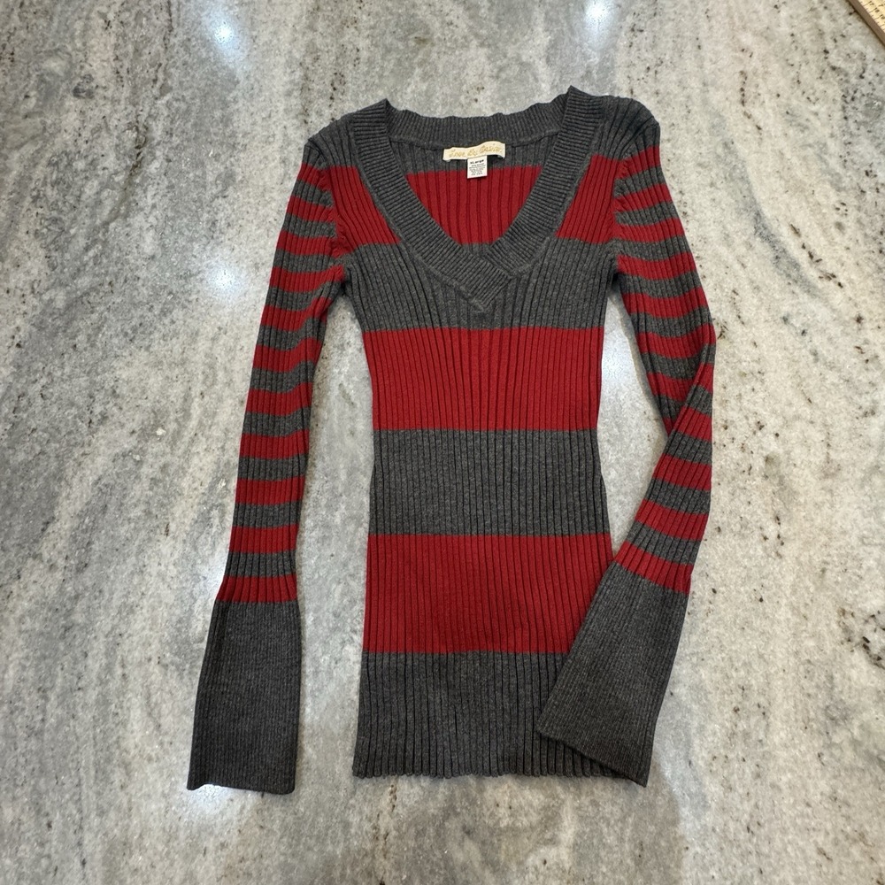 Love By Design Y2K Ribbed Long Sleeve V Neck Striped Shirt Sz XL Punk Preppy